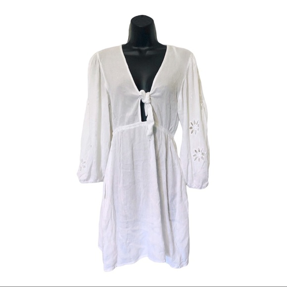 Blue island white front tie eyelet cutout sleeves coverup dress size XS new - Picture 4 of 16